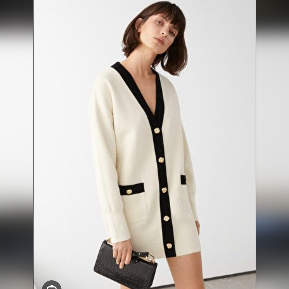 & Other Stories Chic Cream and Black Dress Cardigan with Gold Buttons